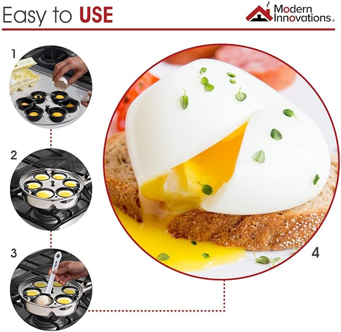 Modern Innovations Egg Poacher Pan - Nonstick Stainless Steel Maker With Handle, 6 Cups, and Silicone Spatula