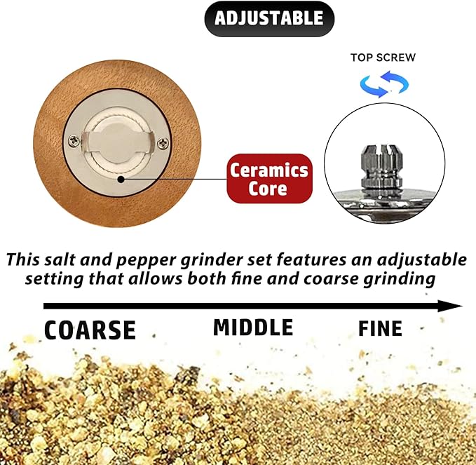 Salt and Pepper Grinder Set Manual Pepper Mill Refillable with Stainless Steel Handle Adjustable Coarseness Ceramic Core, Enjoy Best Fresh Pepper Salt Spices (Seasoning Not Included)