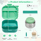 Bento Lunch Box with Thermo, 4-Compartment Bento Box with Adjustable Dividers, Leakproof Dinosaur Lunch Box with 14.2OZ Insulated Food Jar & Sauce Jar, for School Office Travel(Green)