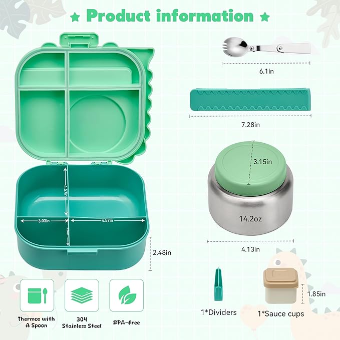 Bento Lunch Box with Thermo, 4-Compartment Bento Box with Adjustable Dividers, Leakproof Dinosaur Lunch Box with 14.2OZ Insulated Food Jar & Sauce Jar, for School Office Travel(Green)