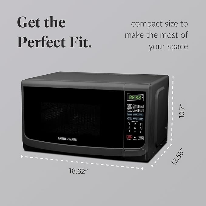 Farberware FM09BKA Compact Countertop Microwave Oven 0.9 Cu. Ft. 900-Watt with LED Lighting, Child Lock, Easy Clean Grey Interior, Black