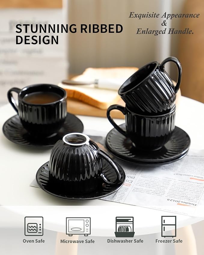 Hasense 6 Oz Cappuccino Cups with Saucers Ceramic, Ribbed Espresso Cups Set of 4 for Coffee,Tea,Latte and Macchiato, Aesthetic Gift for Anniversary or Holiday, Black