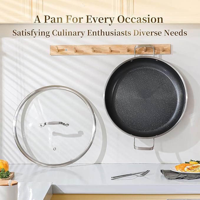 DELARLO Paella Pan 14 Inch Tri-Ply Stainless Steel Paella Pan with Lid Nonstick Frying Pan, Hybird Induction Large Skillets,Great for Paella Parties Indoors Outdoors,Heavy Duty Style