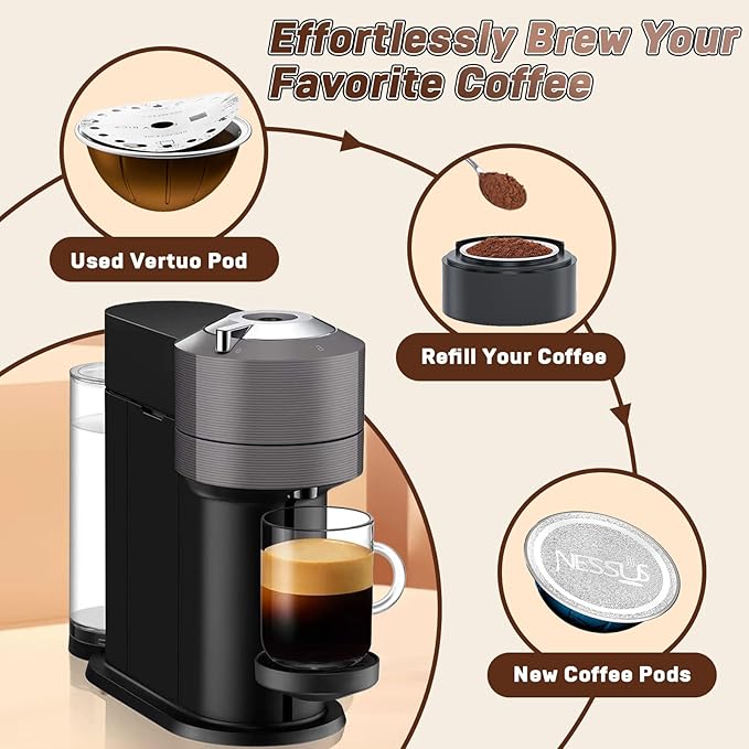 Reusable Pods Kit for Nespresso Vertuo, Refillable Vertuo Coffee Pods Espresso Accessories with 100 pcs Foil Seals Lids, Holder and Brush for Nespresso Vertuo Plus Next Capsule Machine