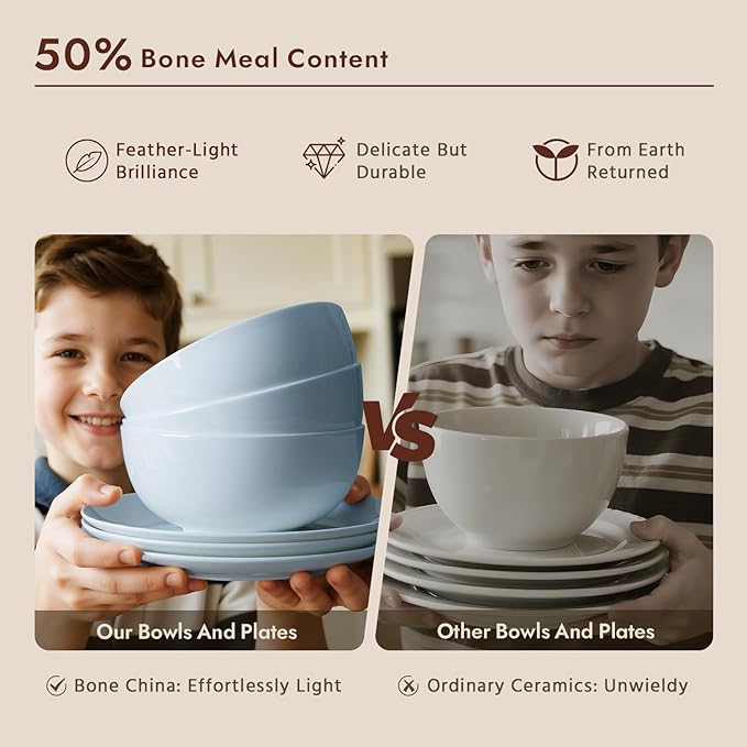 KINGSTONE Bone China Dinnerware Sets, 12-Piece Dinnerware Set for 4, Lightweight Durable, Dishwasher Safe, Tableware for Daily Use with Elegant Design, Blue