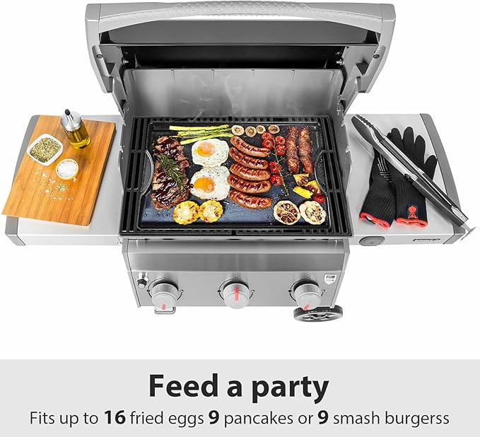 Utheer Nonstick Reversible Cast Iron Griddle 16.5" x 10.5", Ceramic Cooking Surface, Flat & Ribbed Sides, with High Sides & Grease Trap, Stovetop Griddle for Gas Grill, Charcoal, Oven & Outdoor BBQ