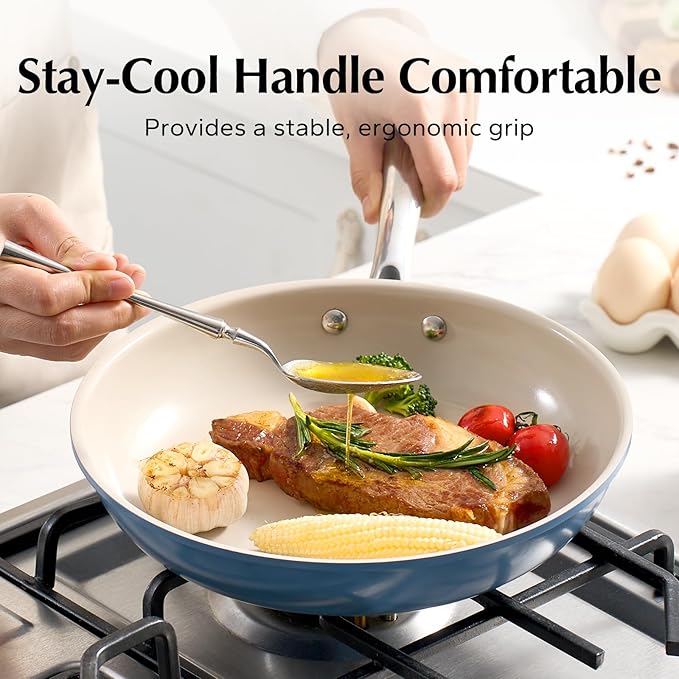 Redchef Nonstick Frying Pan Skillet, Ceramic Non-Stick Saute Pans, 9.5 inch Cooking Fry Pan with Stay Cool Handle, All Stovetops, Dishwasher/Oven Safe, PFAS-Free, Non Toxic (Blue)