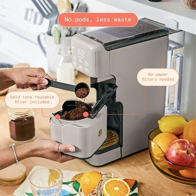 Beautiful Perfect Grind Programmable Single Serve Coffee Maker with Touch-activated Display, Programmable and Integrated Burr Grinder, 64oz Water Reservoir (PORCINI TAUPE)