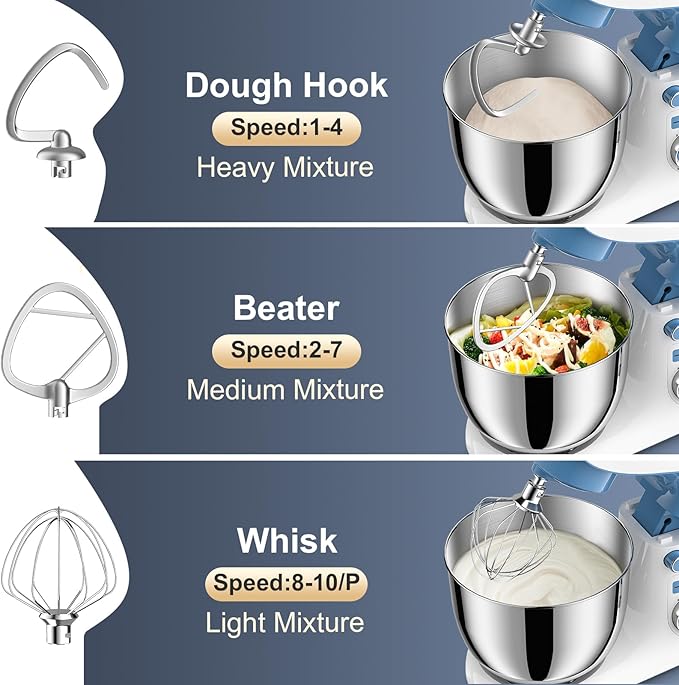 Stand Mixer, POWWA 6.5 QT 10 Speeds Tilt-Head Electric Stand Mixer, 3-In-1 Kitchen Mixer with Bowl, Dough Hook, Whisk and Beater, Food Mixer for Baking and Daily Use (White Blue)
