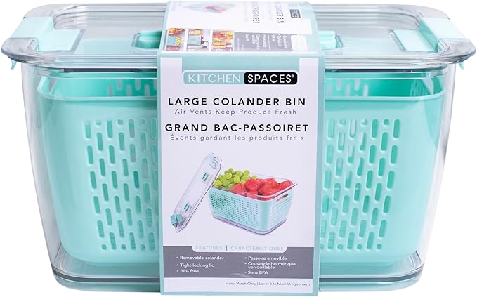 Kitchen Spaces Colander Bin, Produce Saver, Fridge Organizer With Lid, Wash, Strain and Store, Great for Refrigerator, Freezer and Pantry, Large, Mint Green, Pack of 1