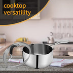 Woogim Thickened Stainless Steel Saucepan Milk Pot Glass Lid Included,Ergonomic Curved Handle with Strainer Holes and Pour Spout,2 Quart Sauce Pan,Suitable for Various Cooking Needs