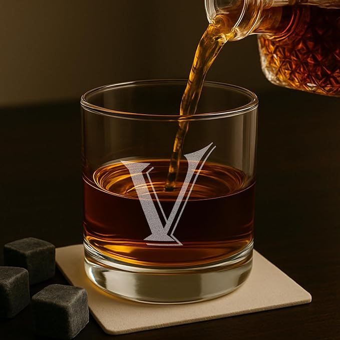 Monogrammed Gifts for Men - 4PC 11 Oz Custom Whiskey Glasses (V-Monogram) - Engraved Whiskey Glasses - Personalized Whiskey Glasses - Unique Bourbon Glasses - Personalized Glass Gifts for Dad