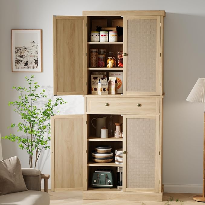72" Tall Freestanding Pantry Cabinet, Farmhouse Wooden Storage Cupboard with 4 Doors (Barn Doors), 1 Drawer & Adjustable Shelves, Rustic Tall Cabinet for Kitchen, Dining Room, Living Room