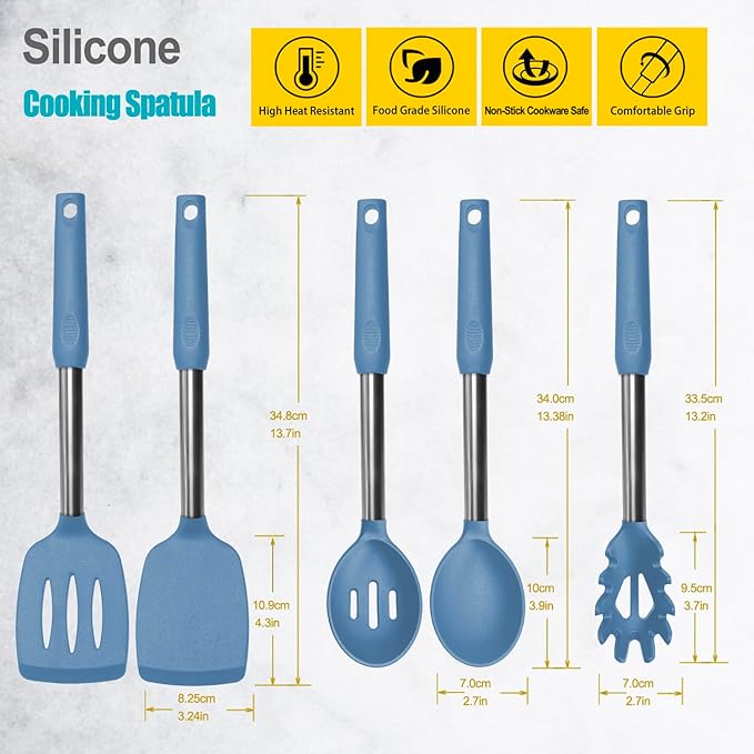 Silicone Spatula and Cooking Spoon,5 Pack Solid & Slotted Spoons and Spatulas High Heat resitant for Kitchen, Stainless Steel Handle Coated with Silicone, Non Stick Utensil, Starry blue