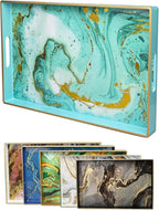 Turquoise Marbling Decorative Tray with Handles, Morden Plastic Rectangular Serving Tray for Coffee Table Bathroom, Ottoman, Home Decor, 15.7"* 10.2"* 1.38"