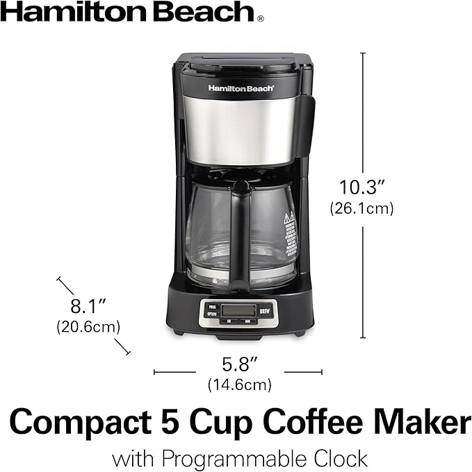Hamilton Beach 5 Cup Drip Coffee Maker with Easy FrontFill Basket, Compact Design, Programmable Clock, Glass Carafe, Auto Pause and Pour, Black & Stainless Steel (46111)