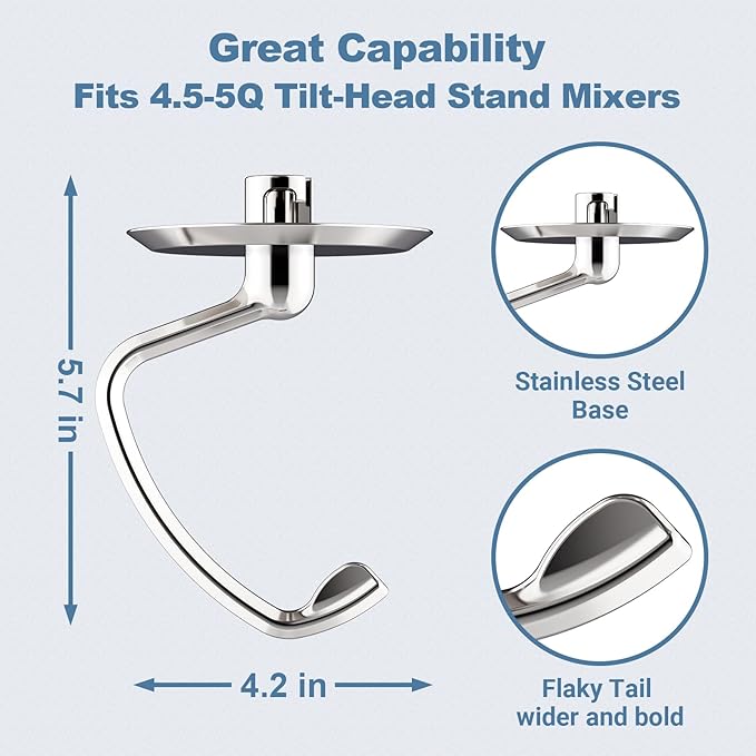 Polished Stainless Steel Dough Hook for Kitchenaid Stand Mixer, Fits 4.5-5Qt Tilt-Head Stand Mixer for Kitchenaid Dough Hook, Replacement for Kitchenaid Mixer Attachments by Cofun