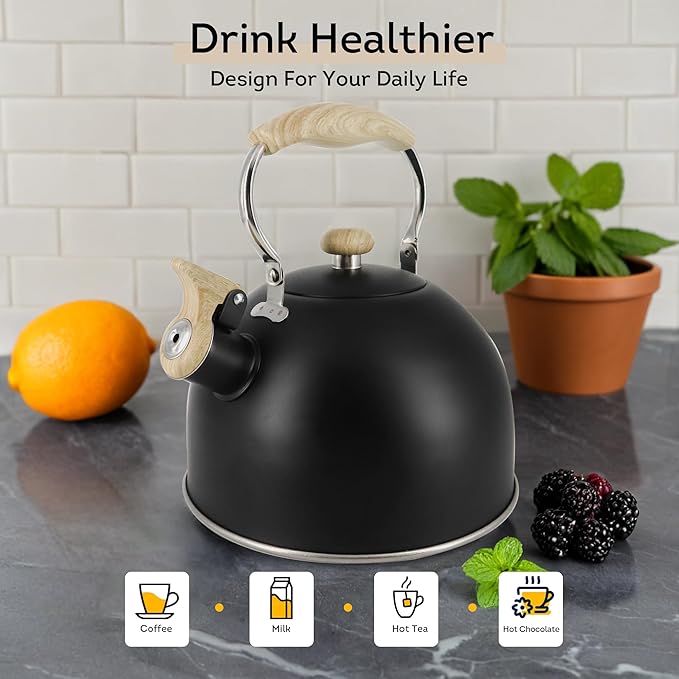 Lily's Home Whistling Tea Kettle, Teapot for Stovetop, Pleasant Whistle Sound, Heat Resistant Plastic Handle – Faux Wood Finish, Non Toxic Stove Kettle for Boiling Water - 2.5 Quarts (Black)