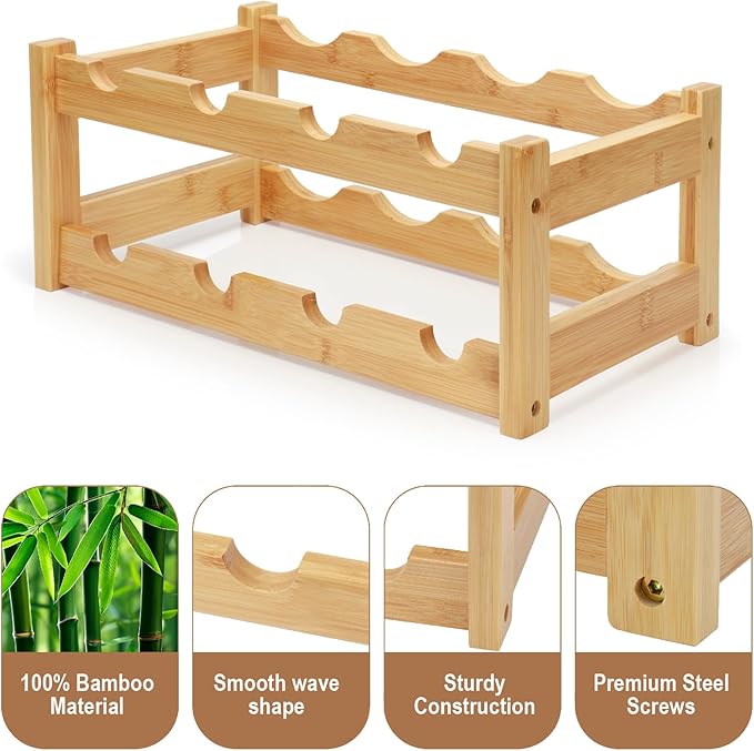 Bamboo Wine Rack, 2-Tier 8 Bottles Wine Storage Cabinet Shelf, Easy-Assembly Freestanding Bamboo Wine Racks Countertop for Kitchen Pantry Dining Room Bar, Natural