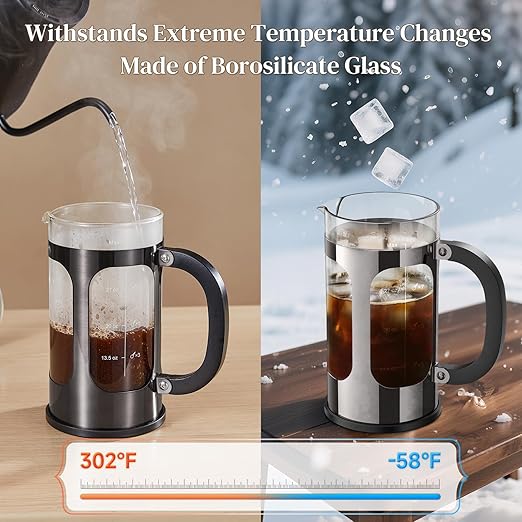 Veken French Press Coffee Maker 34oz 1 L, Heat Resistant Thickened Borosilicate Glass, No Plastic Touching Cafe, Stainless Steel Brewer,Cold Brew Cafetera Teapot for Kitchen Travel Camping,Dark Pewter