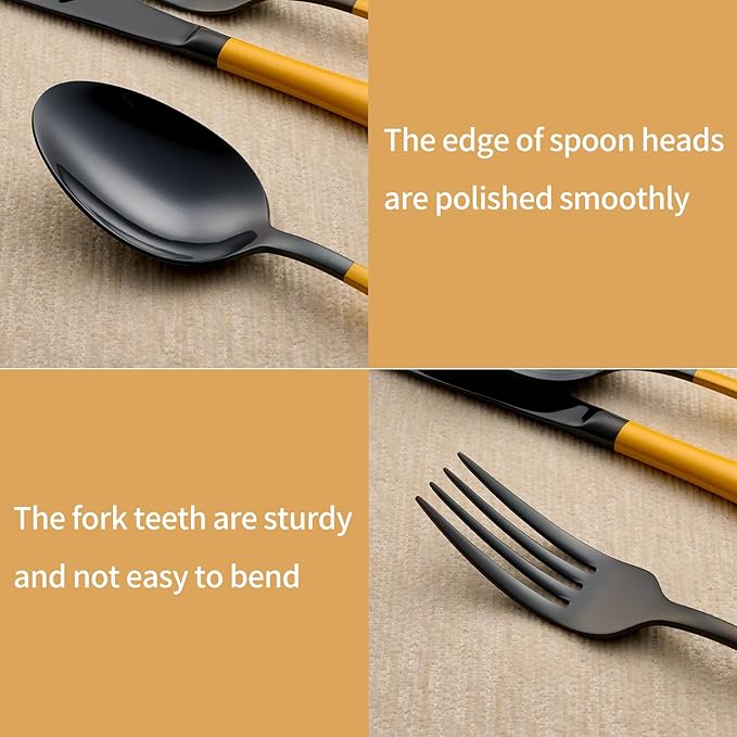 20-Piece Black Silverware Set 18/0 Stainless Steel Silverware Set Yellow Handle Cutlery Set Service for 4 Dinner Knives Forks Spoons Set Flatware Set Finish Dishwasher Safe（Black and Yellow）