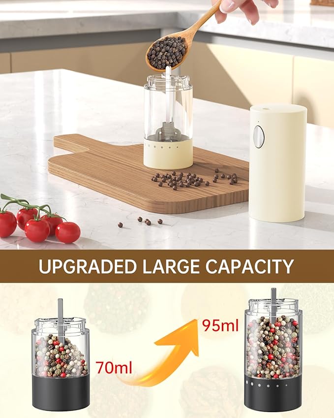 CIRCLE JOY Electric Salt and Pepper Grinder Set Automatic Salt and Pepper Grinder Set with Easy-to-Carry Charging Base and LED Light, USB Rechargeable, External Adjustable Coarseness, Light Yellow