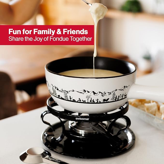 Swissmar Heidi Cheese Fondue Set - 2.8 QT / 2.65 L - Ceramic Fondue Pot with Rechaud, Fondue Burner, 6 Forks & Recipe Card - Ideal for Melting Cheese, Chocolate & Caramel - White