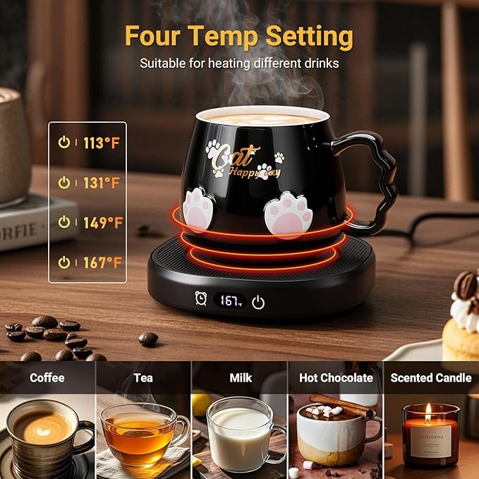 Coffee Mug Warmer & Cute Cat Mug Set, Beverage Cup Warmer for Desk Home Office with 4 Temperature Setting Up to 167℉/ 75℃, Coffee Warmer for Cocoa Milk Tea Water Candle, 8 Hours Auto Shut Off (Black)