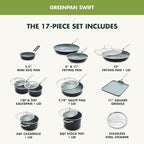 GreenPan 17 Piece Nonstick Swift Cookware Set, Ceramic PFAS-Free Pots & Pans with Lids, Dishwasher & Oven/Broiler Safe to 600F, Kitchen Cooking Set, Sauce, Saute, Stock, Griddle, Frying Pans, Gray