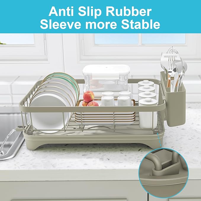 Dish Drying Rack for Kitchen Counter - Space Saving Drying Rack with Drainboard & Utensil Holders, Large Capacity Organizer for Bowls Cups, Countertop Dish Drainer Grey