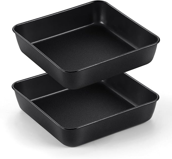 TeamFar 8 Inch Cake Pan, Square Brownie Baking Pan with Stainless Steel Core & Non Stick Coating, for Baking Roasting Storing Food, Healthy, Oven Safe & Anti-melt, Easy to Release & Clean – Set of 2