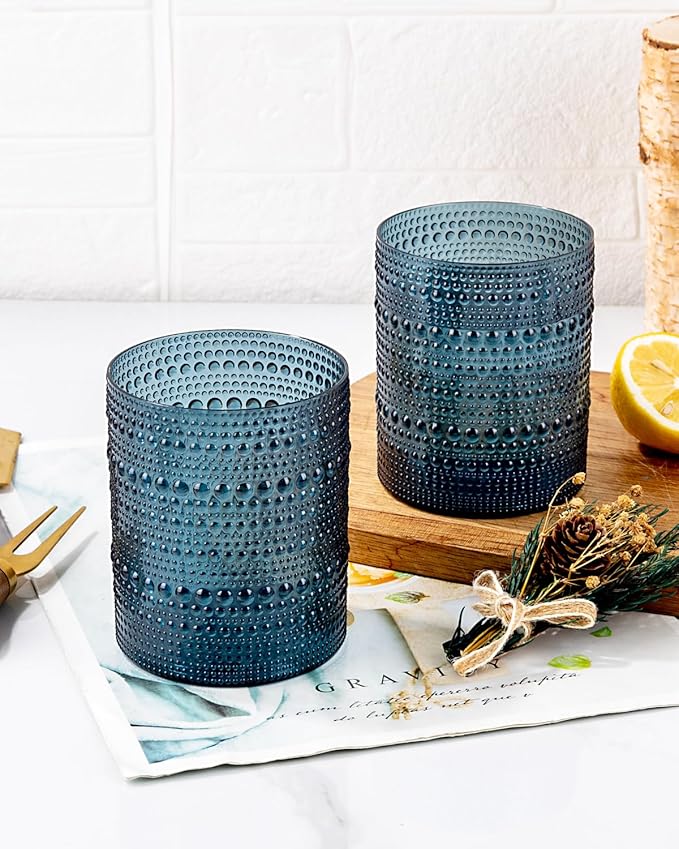 18PCS Hobnail Plastic Drinking Glasses - 14Oz Beaded Glasses Drinkware Set Disposable - Blue Vintage Plastic Bubble Glassware for Beer, Juice, Cocktail, Whiskey, Milk and Various Mixed Drinks