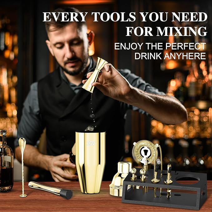 IOV Mixology Bartender Kit With Stand | 12-Piece Cocktail Shaker Set | 24oz Martini Shaker Set For Drink Mixing | Bar Set Includes All Bar Tools And Recipe Booklet | Fun Housewarming Gift (Gold)