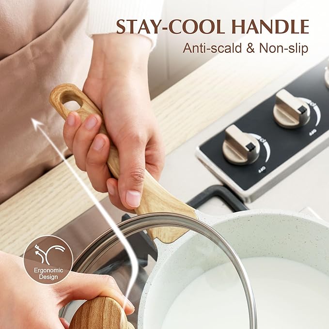 SENSARTE White Ceramic Nonstick Saucepan with Lid Set, Small Cooking Pot with Stay Cool Handle, Induction Compatible Saucepot, White Granite Coating, PFOA/PFAS Free, 1.5 + 2.5QT
