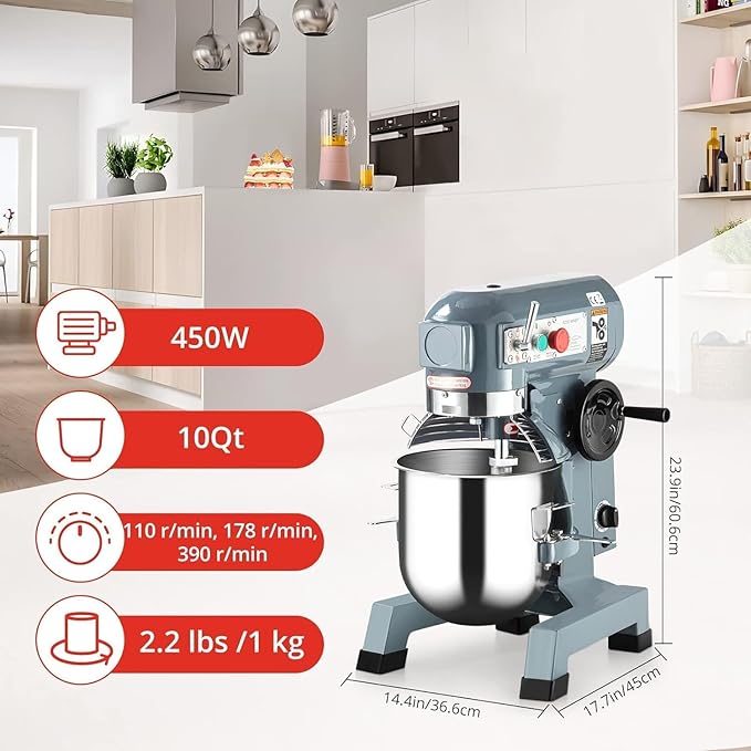 Commercial Mixer 10Qt, 450W Electric Mixer 3 Speeds Adjustable, Stainless Steel Bowl Heavy Duty Mixer with Safety Guard, Dough Hook Whisk Beater Included, Perfect for Bakery Pizzeria