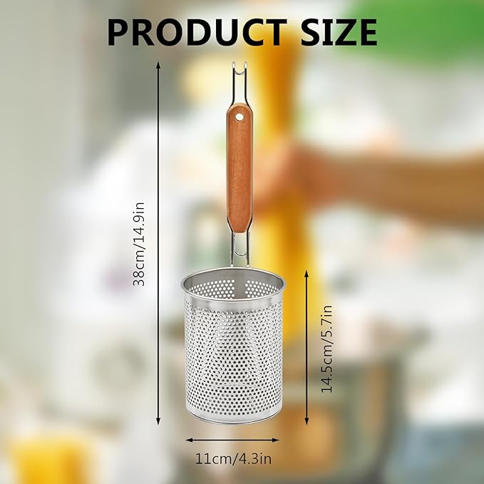 Stainless Steel Pasta Strainer, 2pcs Micro-Perforated Food Dumpling Noodle Strainer with Wood Handle Straining Noodles Pasta Baskets