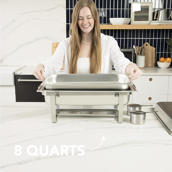 4 Pack Chafing Dish Full Set – Stainless Steel Catering Chafer with Lids, Pans & Fuel Holders – Buffet Food Warmers for Parties, Events & Weddings – Alpine Gray Handles