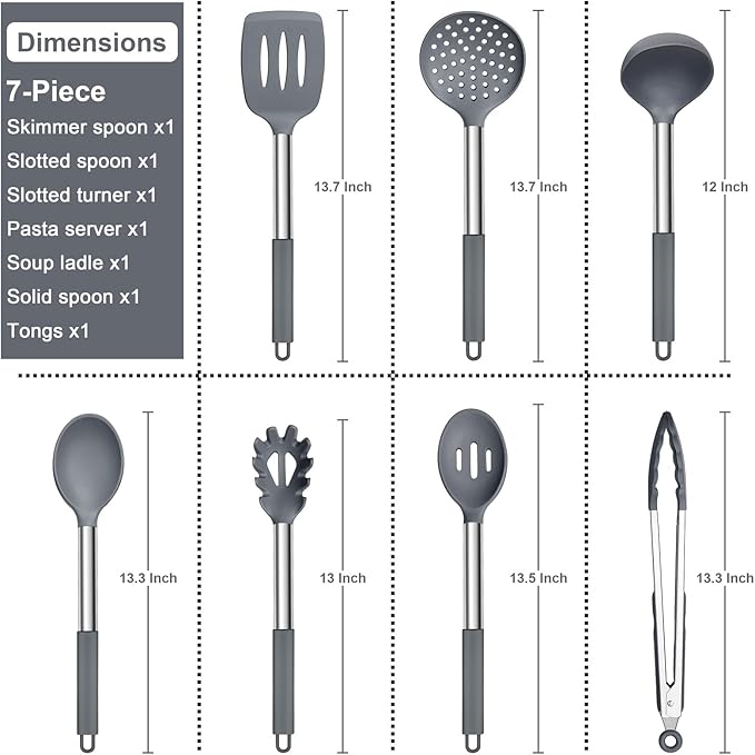 E-far Silicone Cooking Utensils Set, 7 Pcs Heat Resistant Kitchen Utensils with Stainless Steel Handle, Slotted Turner, Spoon, Soup Ladle, Pasta Server, Skimmer, Tongs for Nonstick Cookware, Gray