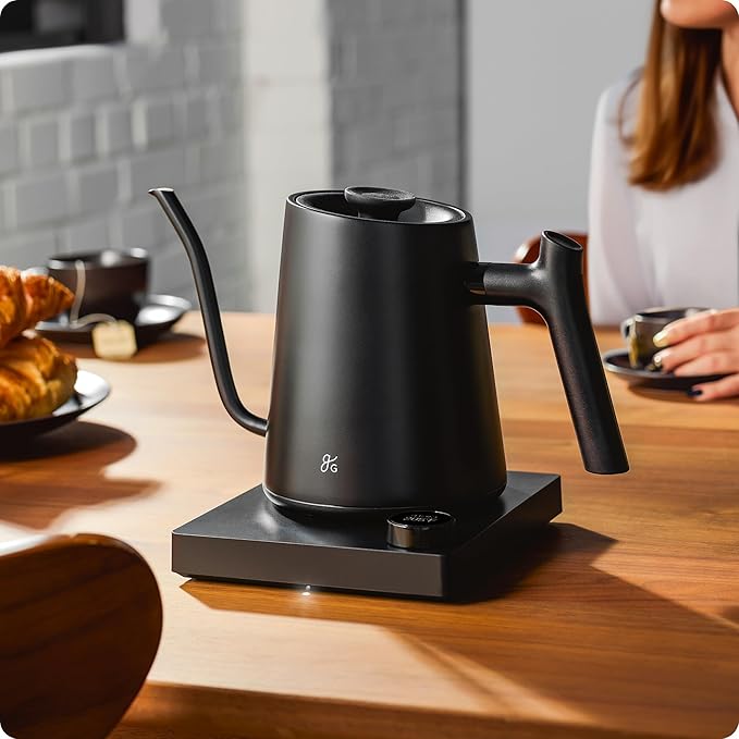 Greater Goods Electric Gooseneck Kettle, 1200W Stainless Steel with Precision Temperature Control, Fast Boil, BPA-Free, Ideal for Pour Over Coffee and Tea,1L (Onyx Black)