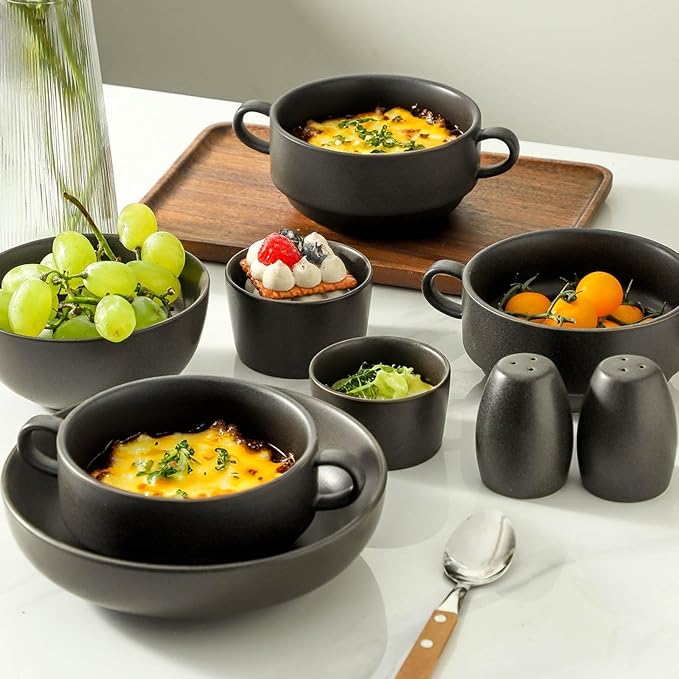 Soup Bowls, 22 oz French Onion Soup Bowls with Handles, Stackable Ceramic Bowls Set of 4, Dinner Bowls for Chili, Beef Stew, Soup, Cereal, Oven Microwave Dishwasher Safe, Matte Black