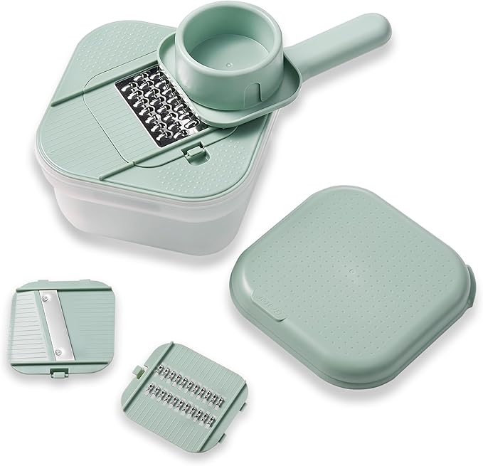 Carote Cheese Grater with Container, Kitchen Vegetable Mandoline Slicer Shredder with Interchangeable Blades, BPA-Free Container with Removable Handle, Grater for Onion, Fruit, Vegetables, Sage Green