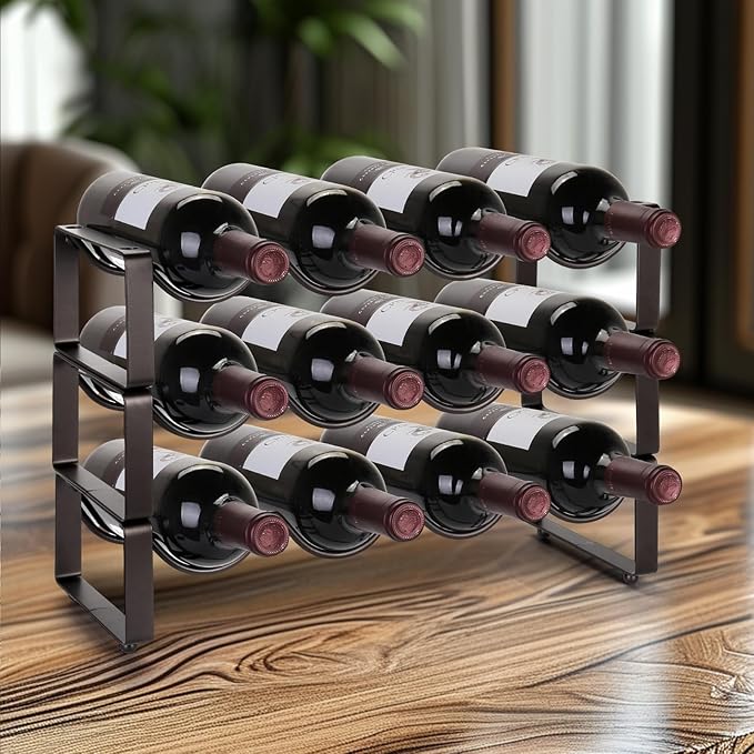 Stackable Wine Rack Countertop, 12 Bottles 3 Tier Wine Cabinet Counter, Wine Rack Holder and Storage, Metal Wine Bottle Holder Freestanding for Cabinet