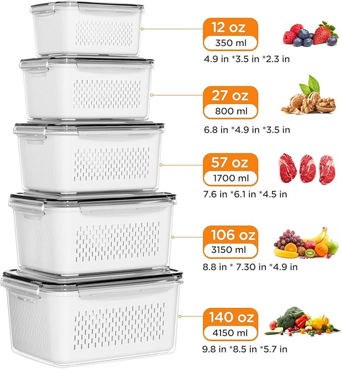 5-Pack Fruit Storage Containers for Fridge with Removable Colanders, 4 in 1 Produce Storage Containers with Lids, Leakproof Fridge Organizer Bins for Salad Berry Lettuce Vegetables Meat Keeper Fresh