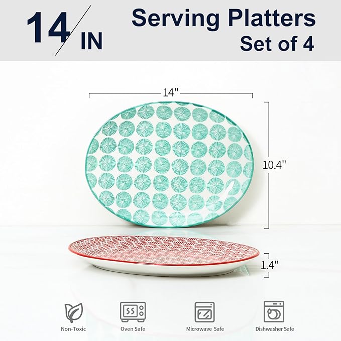 Selamica Serving Platter, 14 Inch Large Serving Dishes for Entertaining, Oval Ceramic Serving Trays for Party, Steak, Cake, Dinner, Fruit, Oven Safe, Microwave Safe, Set of 4, Assorted Colors