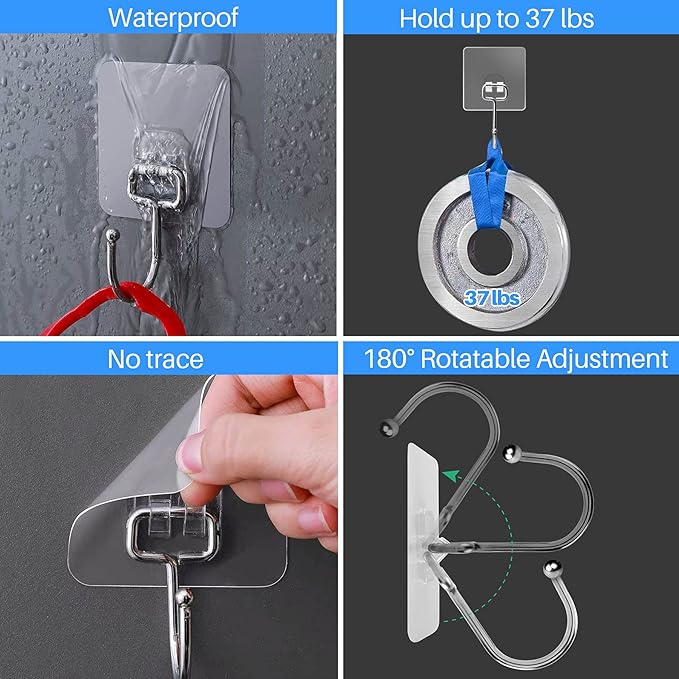 Antimbee 100 Pack Clear Adhesive Hooks, 37lb(Max) Heavy Duty Self Adhesive Hooks, Sticky Wall Hooks with No Damage and Quick Assembly, Waterproof Bathroom Kitchen Wall Accessories Hanger and Holder