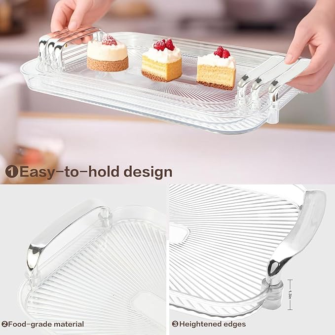 Serving Tray with Handles Set of 3 Rectangular Large Serving Platters 16.5/14.9/13.2 Inch White Plates for Dinner, Party, Entertaining, Transparent
