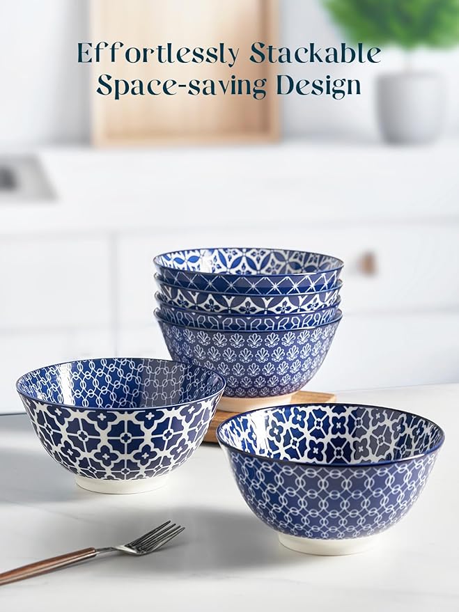 DOWAN 33 OZ Large Bowls Set of 6 - Ceramic Deep Bowl for Ramen, Pasta, Salad - Vintage Blue Porcelain Bowls for Kitchen Decor & Housewarming Gift - Dishwasher & Microwave Safe