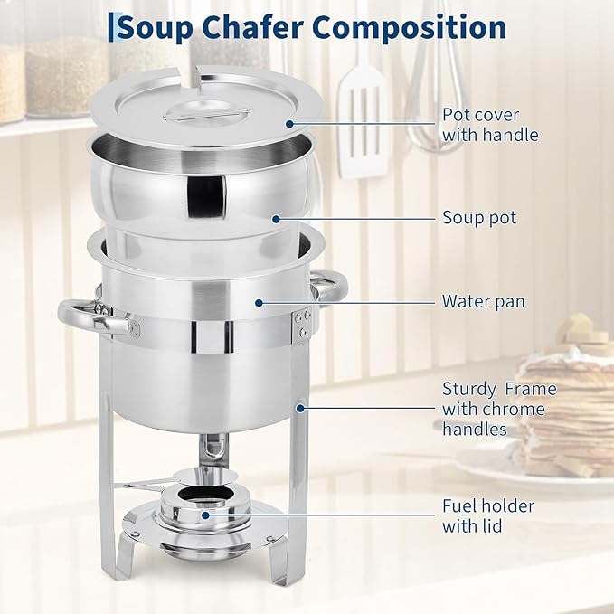 Commercial 11QT Soup Chafer Set, 4 Pack Stainless Steel Round Food Warmers Set with Pot, Notched Lids & Fuel Containers, Soup Warmers Ideal for Buffet Service & Event Catering
