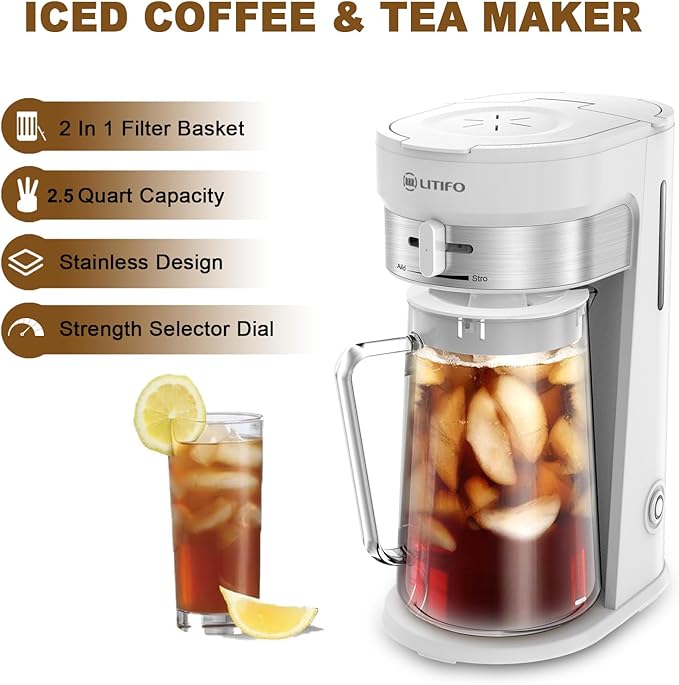 LITIFO Iced Tea Maker and Iced Coffee Maker Brewing System with 2.5-quart Pitcher, sliding strength selector for Taste Customization, Stainless Steel (White)