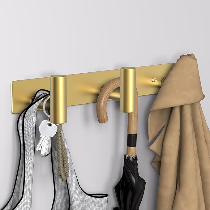 VAEHOLD Hat and Coat Wall Mount Rack - Hooks for Robes, Bags, Keys, and Towels - Bathroom Towel Hanger Organizer (Gold, “T“ Shape 3 Hooks 1 Pack)